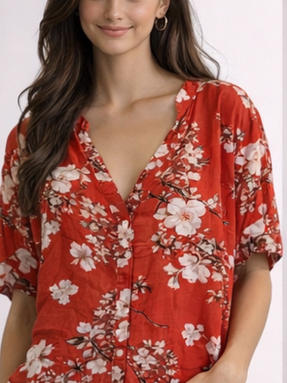 Women's Red Floral V-Neck Button-Front Blouse